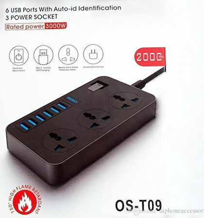 QASUL Tb-t09 Akım Korumalı 6 Port Usb Girişli 3'lü Priz