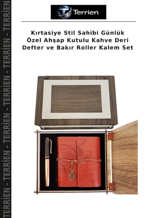 Kırtasiye Stil Sahibi Günlük Özel Ahşap Kutulu Kahve Deri Defter ve Bakır Roller Kalem Set