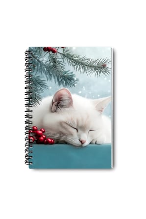 Beyaz Kedi Kış Temalı Tasarım Tel Spiralli A5 Çizgisiz 4'lü Hatıra, Anı, Okul Defter Seti