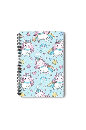 Renkli Unicorn Tasarım Tel Spiralli A5 Çizgisiz 4'lü Hatıra, Anı, Okul Defter Seti
