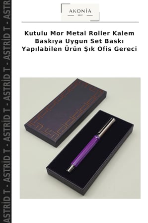 Kutulu Mor Metal Roller Kalem Baskıya Uygun Set Baskı Yapılabilen Ürün Şık Ofis Gereci
