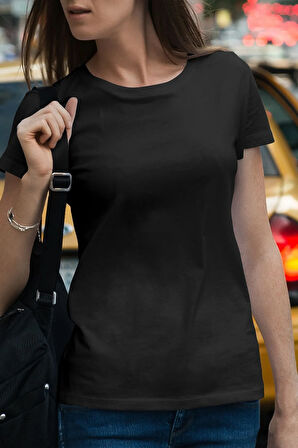 Retro Stil Bisiklet Yaka Siyah Kadın T-Shirt