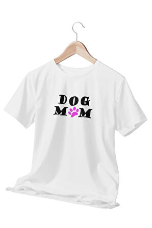 Dog Mom Baskılı Eğlenceli Hediyelik Beyaz Unisex T-Shirt