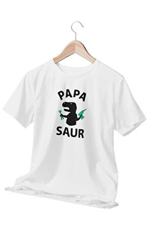 Papasaur Baskılı Babalar Günü Eğlenceli Hediyelik Beyaz Unisex T-Shirt