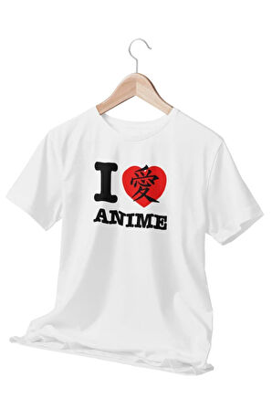 I Love Anime Baskılı Eğlenceli Hediyelik Beyaz Unisex T-Shirt