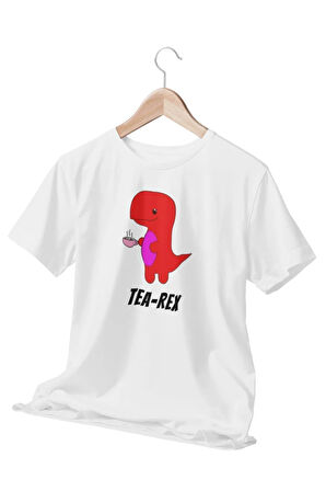 Tea Rex Baskılı Eğlenceli Hediyelik Beyaz Unisex T-Shirt