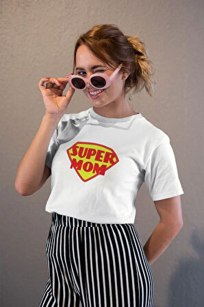 Super Mom Baskılı Anneler Günü Doğum Günü Özel Gün Eğlenceli Hediyelik Beyaz Unisex T-Shirt