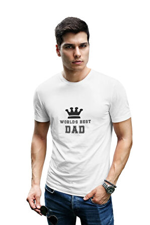 Worlds Best Dad Baskılı Babalar Günü Doğum Günü Hediyelik Eğlenceli Beyaz Unisex T-Shirt