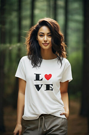 Kalpli Love Aşk Baskılı Hediyelik Beyaz Unisex T-Shirt