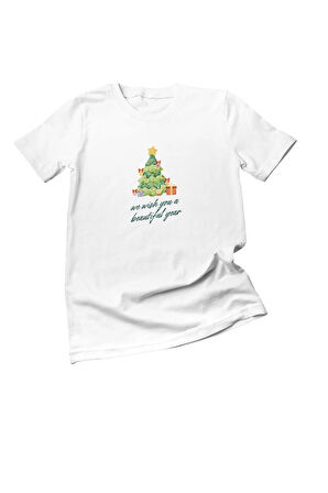 Yeni Yıl Yılbaşı Temalı We Wish You A Beautiful Year Baskılı Hediyelik Beyaz Unisex T-Shirt