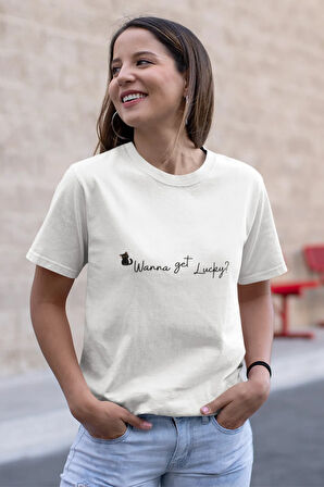 Wanna Get Lucky Şans Kedisi Baskılı Eğlenceli Hediyelik Renkli Unisex T-Shirt