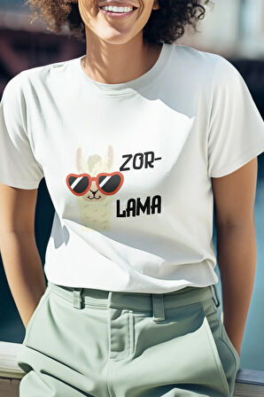 Zorlama-Lama Baskılı Eğlenceli Komik Hediyelik Beyaz Unisex T-Shirt