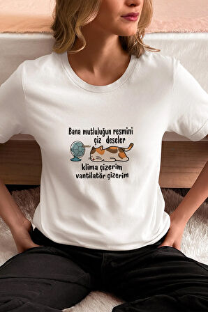 Mutluluğun Resmi-Kedi Baskılı Eğlenceli Komik Hediyelik Beyaz Kadın T-Shirt
