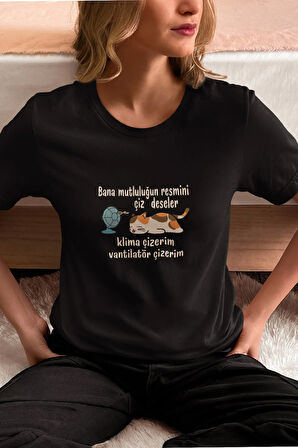 Mutluluğun Resmi-Kedi Baskılı Eğlenceli Komik Hediyelik Kadın T-Shirt