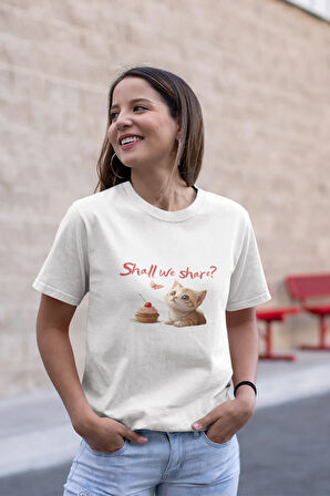 Shall We Share Sevimli Kedi Baskılı Unısex %100 Pamuklu T-Shirt