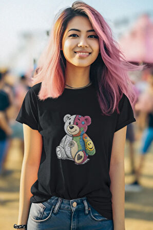 Yarısı Renkli Yarısı Siyah Beyaz Ayıcık Baskılı Eğlenceli Hediyelik Unisex %100 Pamuklu T-Shirt