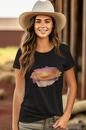 Gün Batımı Baskılı Hediyelik Unisex %100 Pamuklu T-Shirt