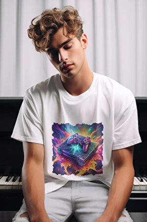 Gamer-Oyuncu Konsol Baskılı Hediyelik Unisex Bisiklet Yaka %100 Pamuklu T-Shirt