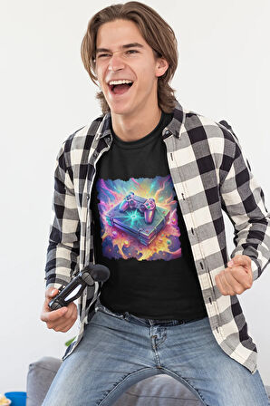 Gamer-Oyuncu Konsol Baskılı Hediyelik Unisex Bisiklet Yaka %100 Pamuklu T-Shirt