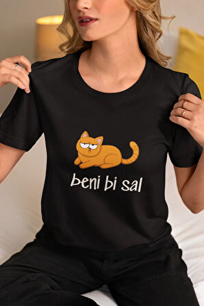 Beni Bi Sal-Bezgin Kedi Baskılı Eğlenceli Hediyelik Unisex Bisiklet Yaka %100 Pamuklu T-Shirt
