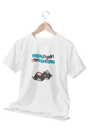 Nolmuş Çok Yemişsem Yani-Kedi Temalı Beyaz Unisex T-Shirt