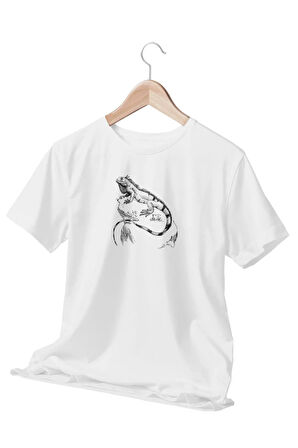 Karakalem İguana Çizim Temalı Beyaz T-Shirt