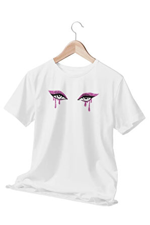 Kadın Gözleri Baskılı Beyaz T-Shirt