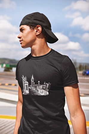 Siyah London City Baskılı Unisex T-shirt