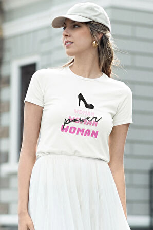 Power Woman Baskılı Feminen Beyaz Kadın T-Shirt