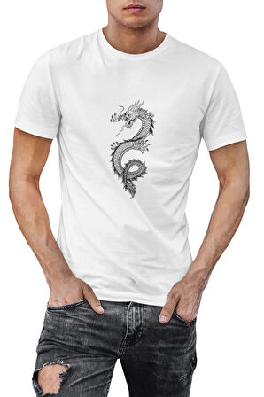 Siyah Çizim Ejderha Baskılı Beyaz Unisex T-Shirt