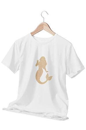 Deniz Kızı -Altın Siren Çağrısı- Baskılı Beyaz Kadın T-Shirt