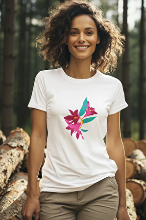Zambak Esintisi Baskılı Beyaz Kadın T-Shirt