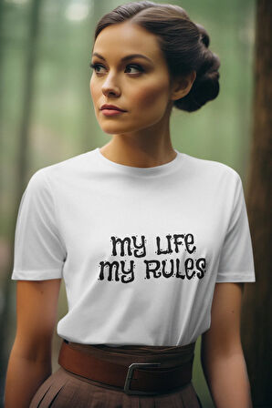 Bağımsızlık Bildirisi Temalı ''MY LIFE MY RULES'' Baskılı Beyaz Unisex T-Shirt