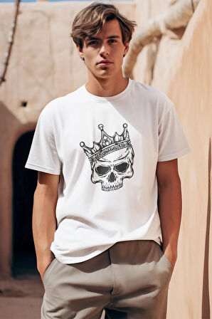 'tahtın Asi Mirası' Temalı Kraliyet Tacı Takmış Kafatası Kuru Kafa Baskılı Beyaz Unisex T-shirt