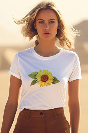 Ay Çiçeği Baskılı Beyaz Unisex T-Shirt