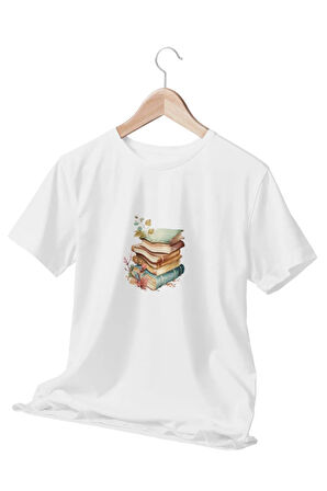 Renkli Kitaplar Baskılı Beyaz Unisex T-Shirt