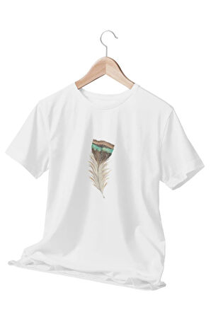 Renkli Kuş Tüyü Baskılı Beyaz Unisex T-Shirt