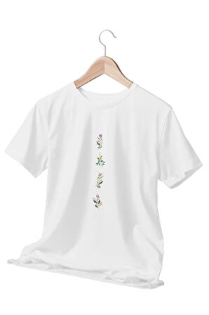 Mini Çiçek Baskılı Eğlenceli Beyaz Unisex T-Shirt