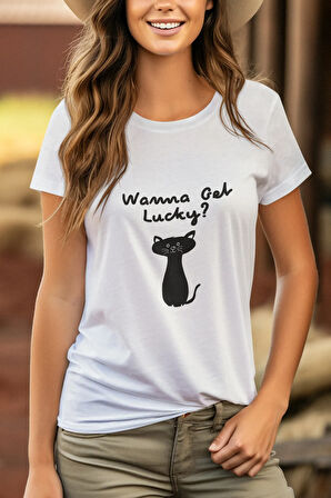 Wanne Get Lucky Şans Kedisi Baskılı Eğlenceli Beyaz Unisex T-Shirt