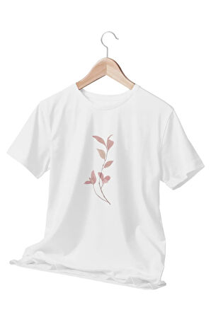 Yaprak Dalları Baskılı Beyaz Unisex T-Shirt