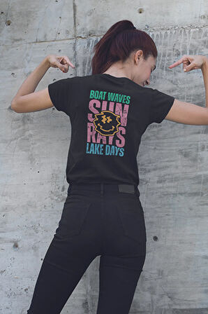 Sırt Baskılı Boat Waves Sun Rays Lake Days Baskılı Unisex Regular Fit Pamuklu Siyah Tişört