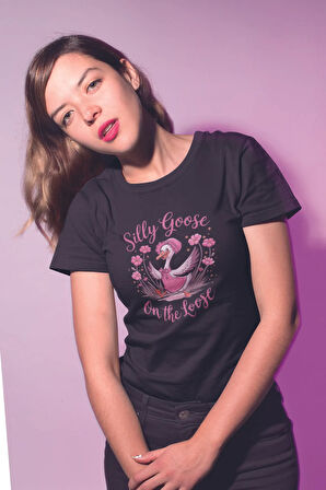 Silly Goose On The Loose Baskılı Unisex Regular Fit Pamuklu Siyah Tişört