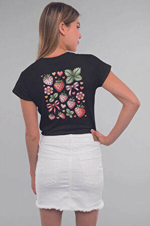 Çilek Ve Kurdele No:1 Baskılıyaz Temalı Unisex Regular Fit Pamuklu Siyah Tişört
