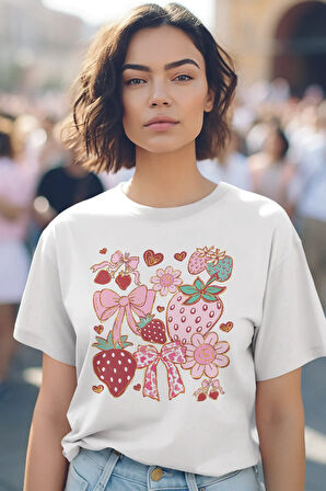 Çilek Ve Kurdele No:2 Baskılıyaz Temalı Unisex Regular Fit Pamuklu Beyaz Tişört