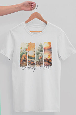 Camping Mode Baskılıyaz Temalı Unisex Regular Fit Pamuklu Beyaz Tişört