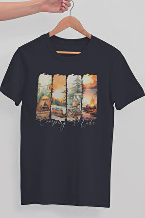 Camping Mode Baskılıyaz Temalı Unisex Regular Fit Pamuklu Siyah Tişört
