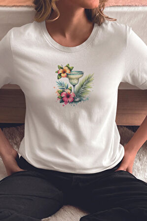 Margarita Kokteyl Ve Tropikal Çiçek Baskılıyaz Temalı Unisex Regular Fit Pamuklu Beyaz Tişört