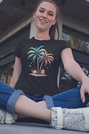 Tropikal Palmiyeler Baskılıyaz Temalı Unisex Regular Fit Pamuklu Siyah Tişört