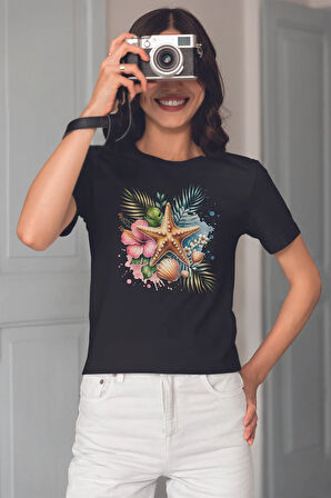 Deniz Yıldızı Baskılıyaz Temalı Unisex Regular Fit Pamuklu Siyah Tişört