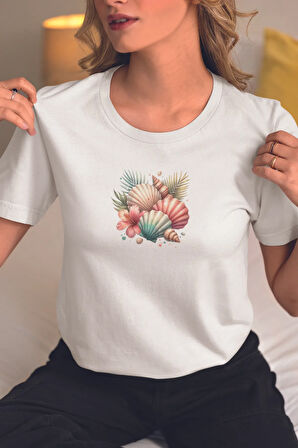 Renkli Deniz Kabukları Baskılıyaz Temalı Unisex Regular Fit Pamuklu Beyaz Tişört